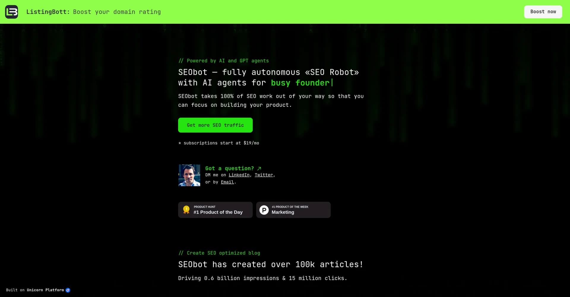 SEObot homepage screenshot — The Ultimate AI SEO Solution for Busy Makers