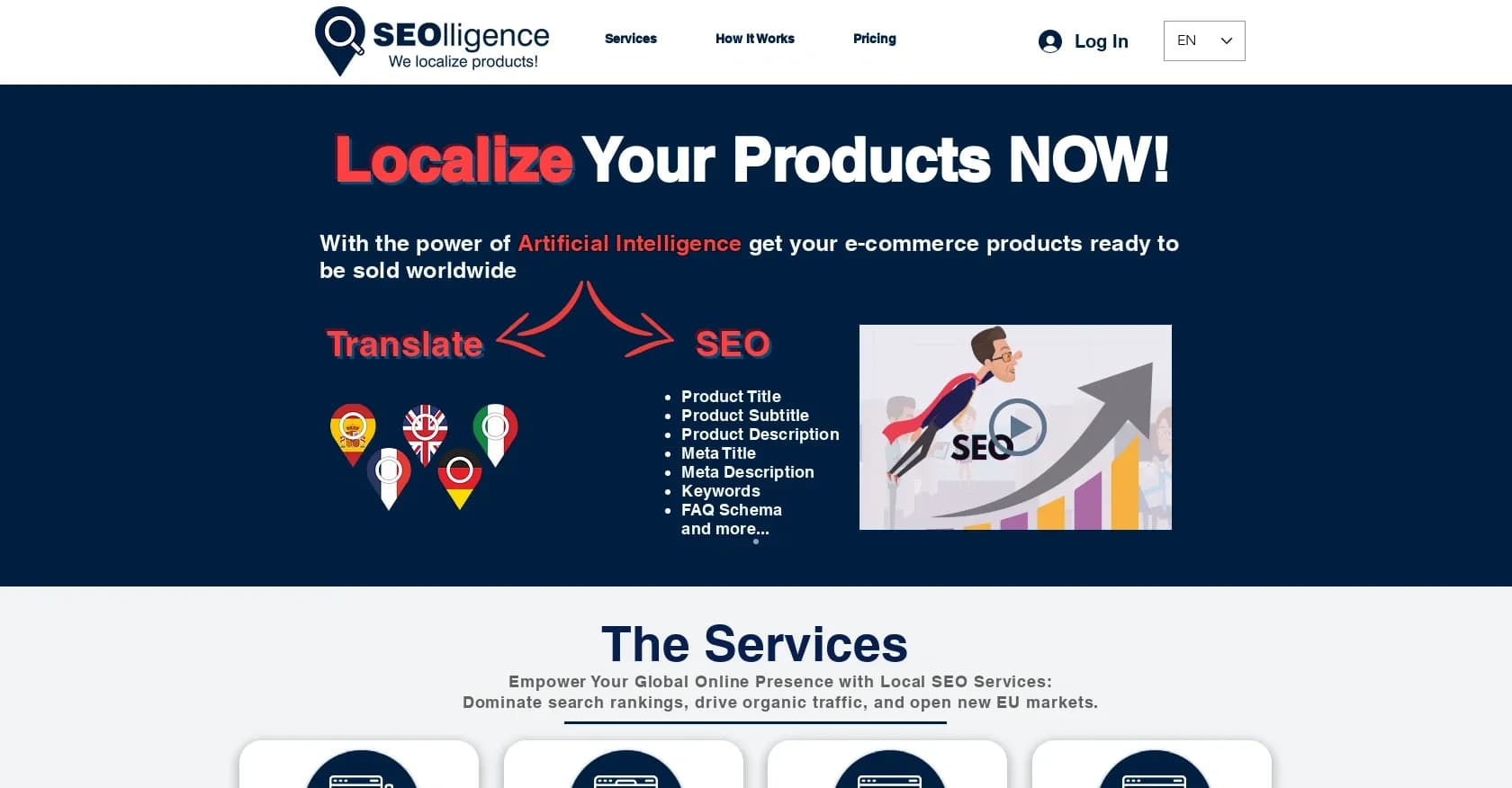 SEOlligence homepage screenshot — AI-powered product localization for top EU markets