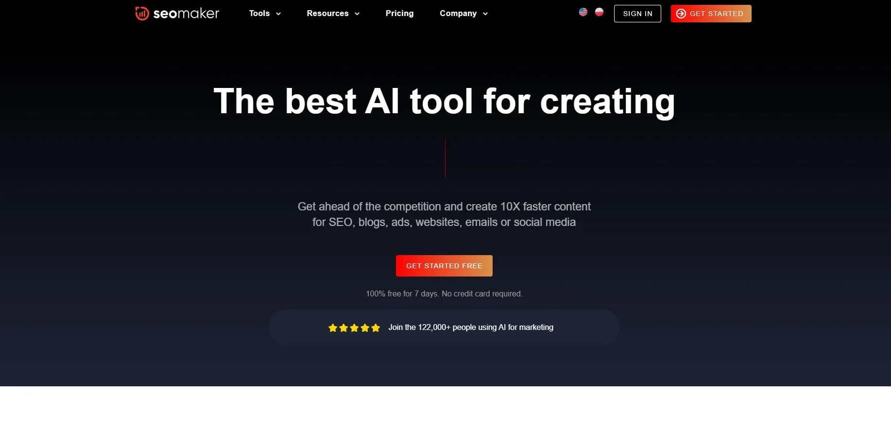 Seomaker homepage screenshot — Create 10X faster content for SEO and marketing