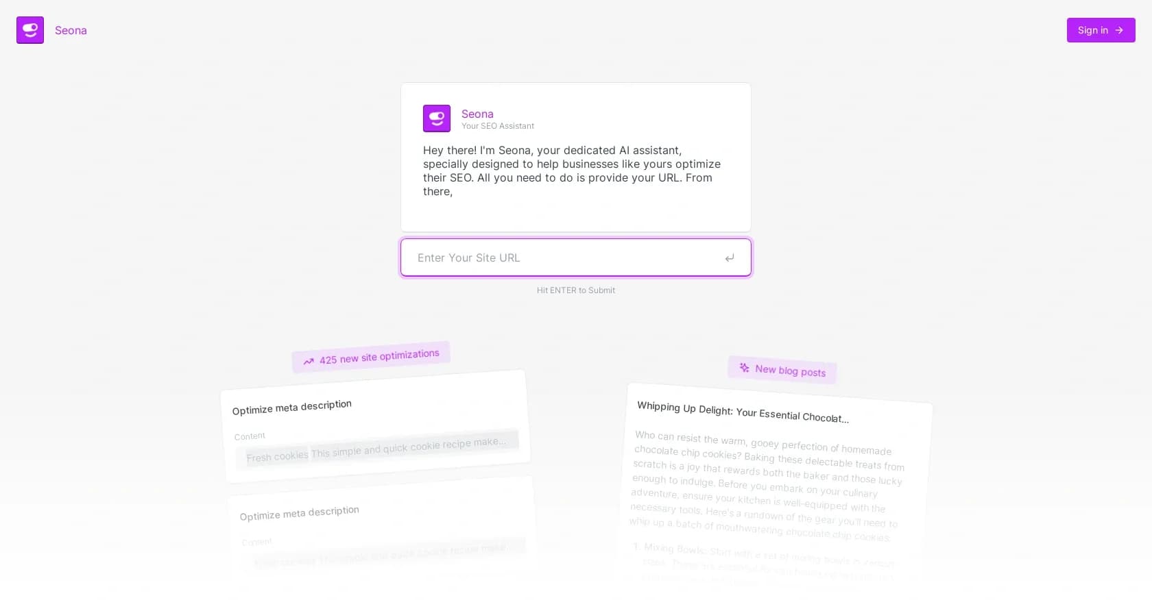 Seona homepage screenshot — Streamline your SEO with AI-driven optimizations.