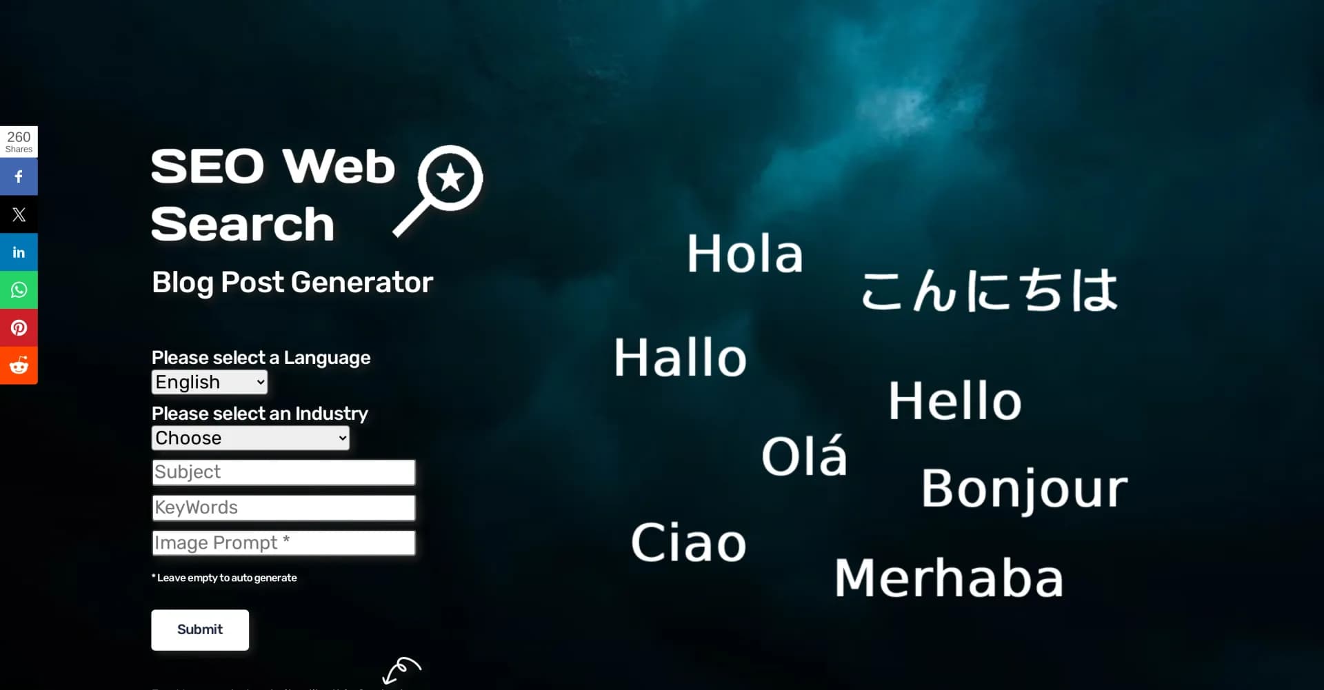 Seowebsearch homepage screenshot — Generate engaging blog posts in minutes.
