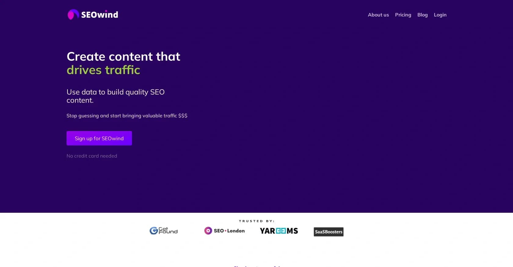 SEOwind homepage screenshot — Create data-driven SEO content that drives traffic.