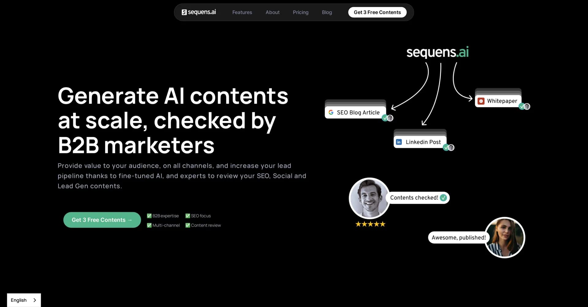 Sequensv1.3.6.6 homepage screenshot — Generate AI contents at scale, checked by B2B marketers.