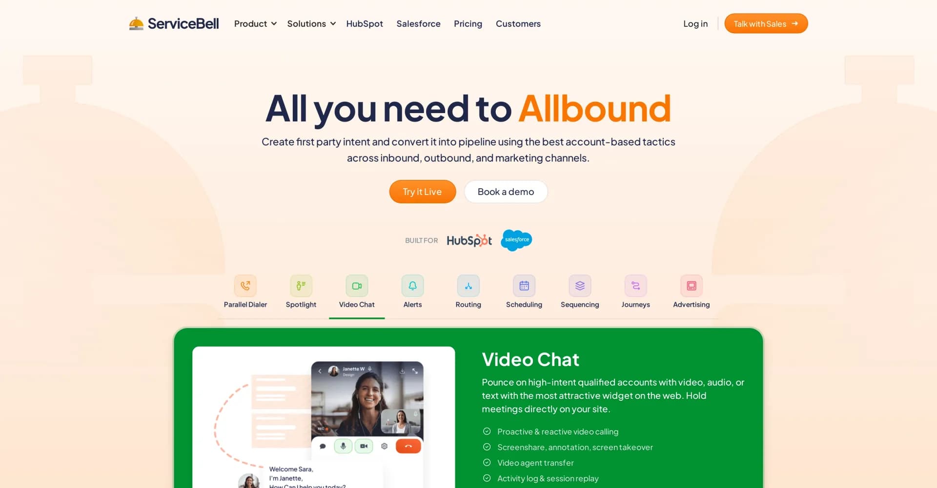 ServiceBell homepage screenshot — Allbound platform for inbound and outbound success powered b