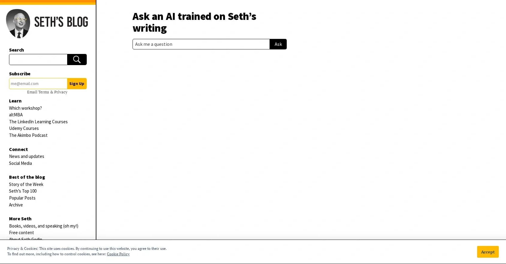 Seths Chatbot homepage screenshot — Get AI-powered insights from Seth Godin's writing
