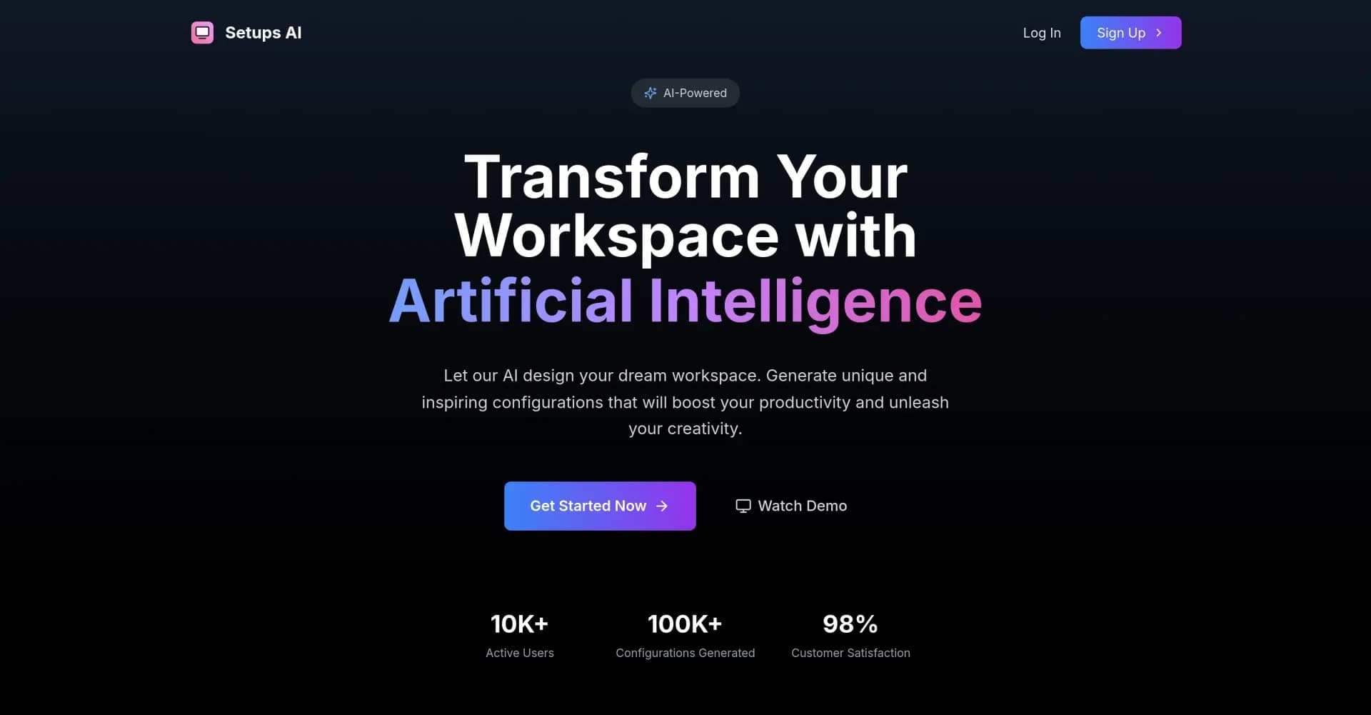 Setups AI homepage screenshot — AI-powered workspace transformation in your style