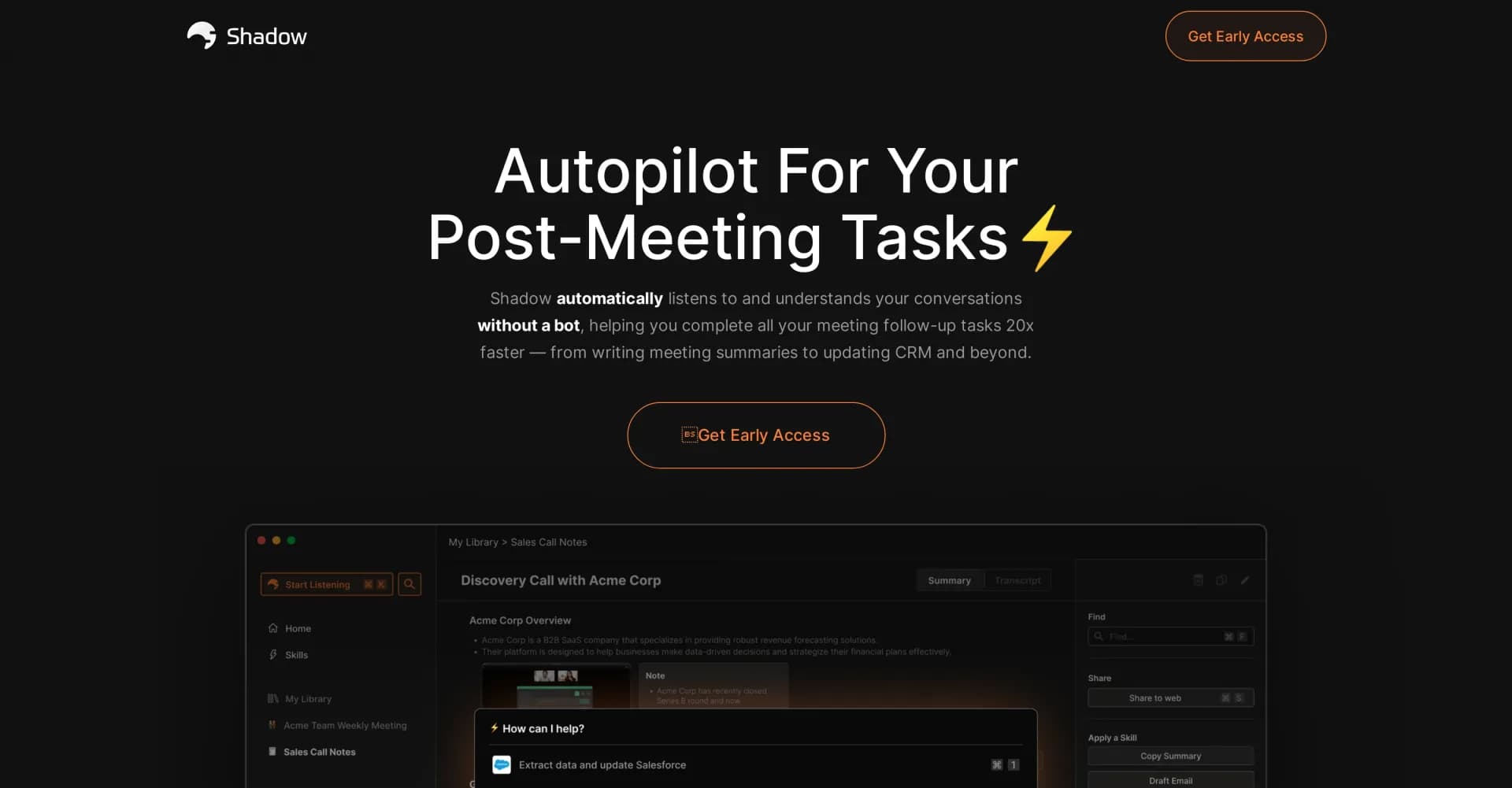 ShadowDo homepage screenshot — Autopilot for post-meeting tasks