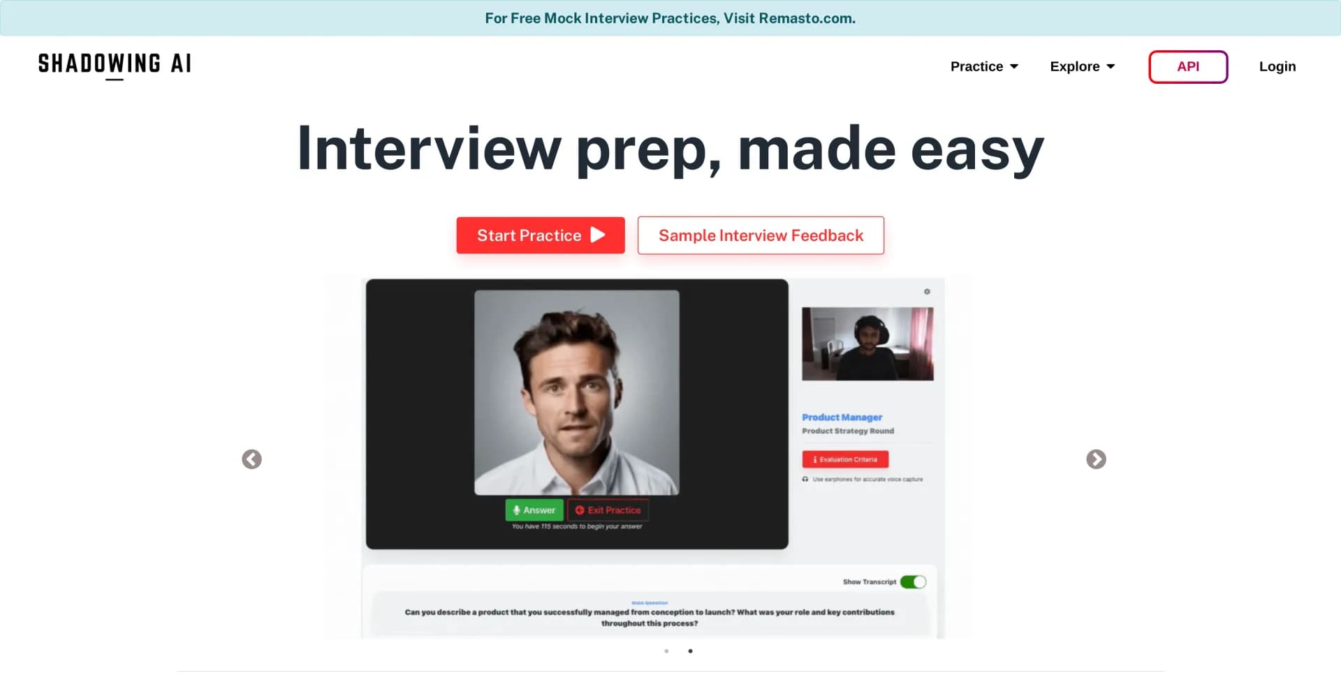Shadowing AI homepage screenshot — Master interviews with AI-powered practice sessions.