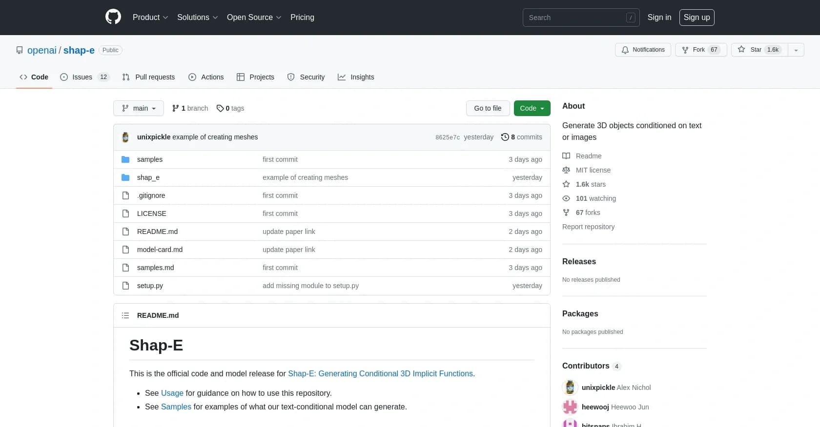 Shap-e homepage screenshot — Generate 3D objects from text or images
