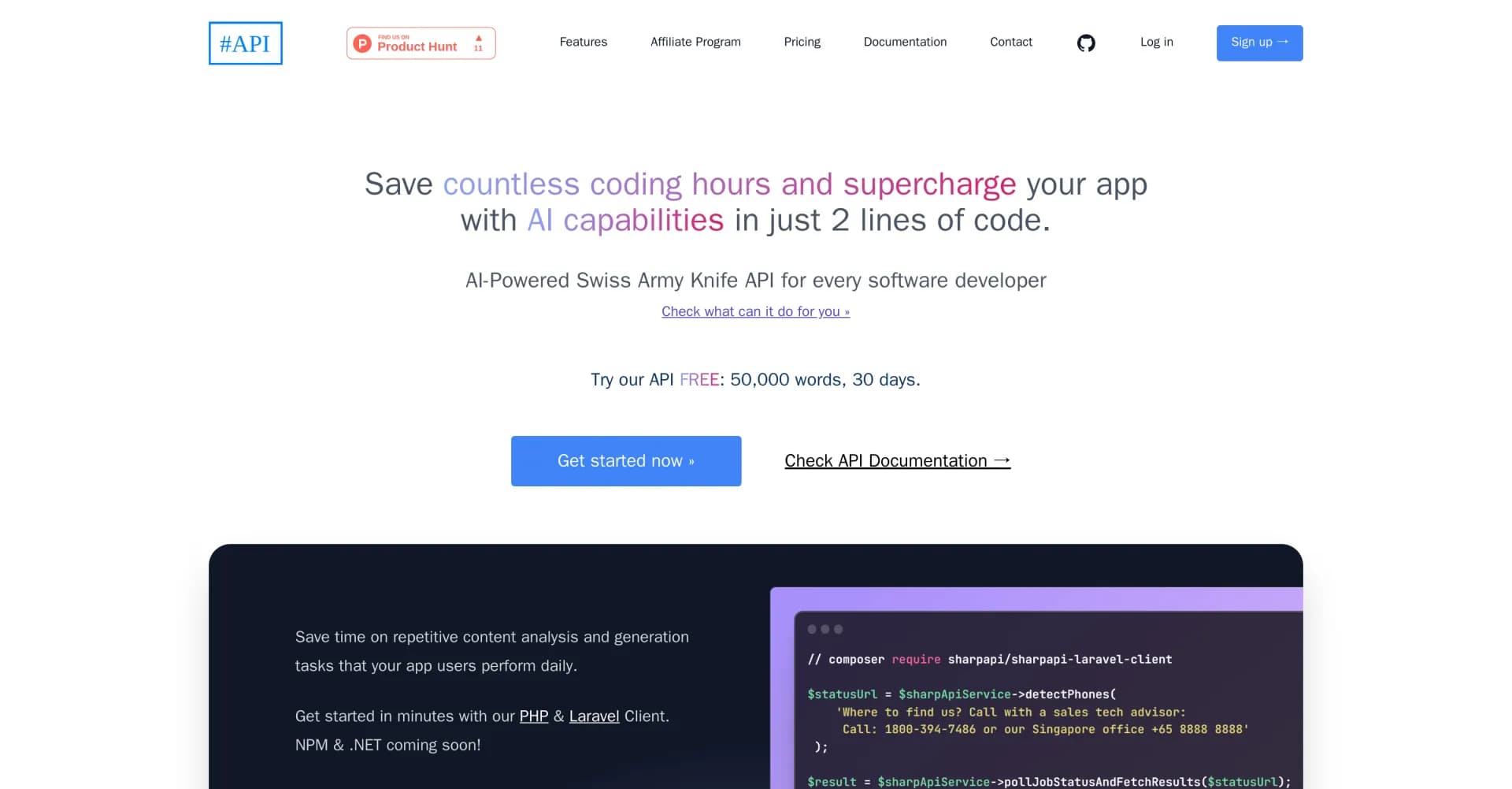 SharpAPI homepage screenshot — AI-powered Swiss Army Knife API for developers