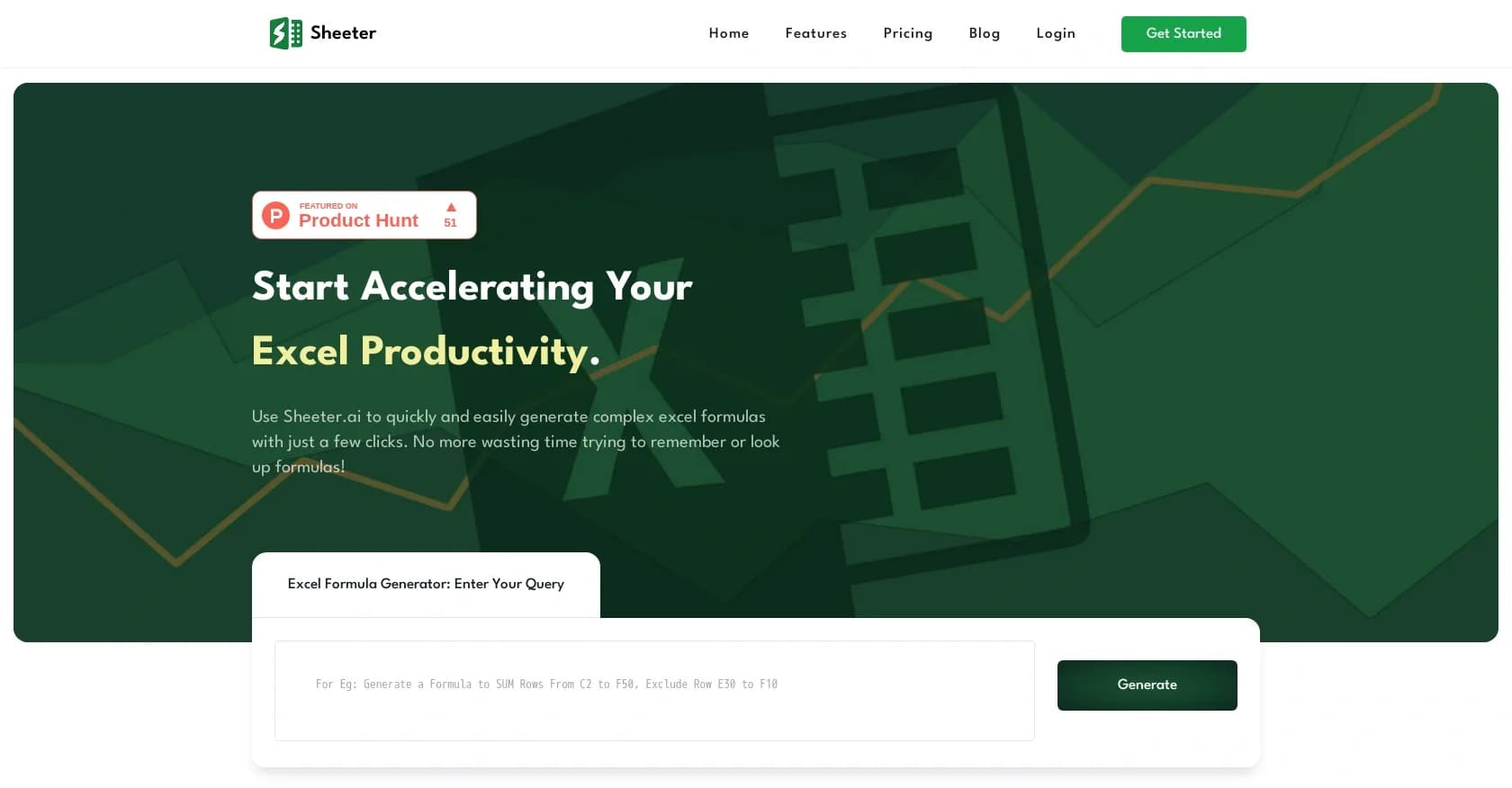 Sheeter homepage screenshot — Generate complex Excel formulas with ease