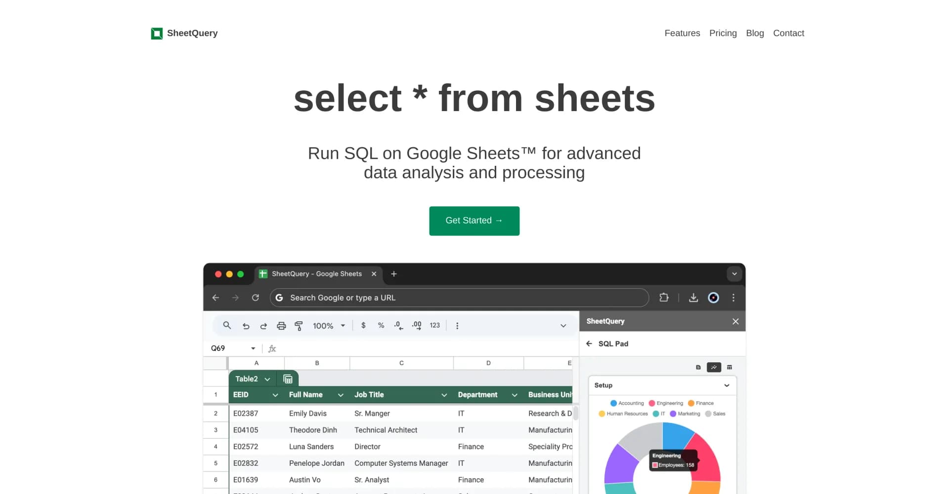 SheetQuery homepage screenshot — Run SQL on Google Sheets for advanced data analysis