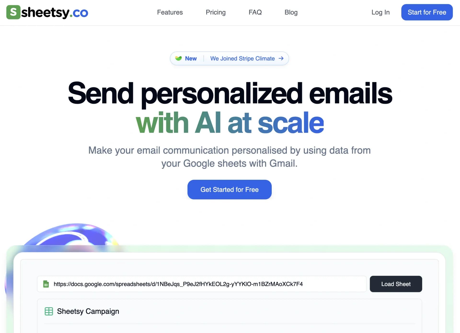 Sheetsyv1.4 homepage screenshot — Send personalized emails with AI at scale