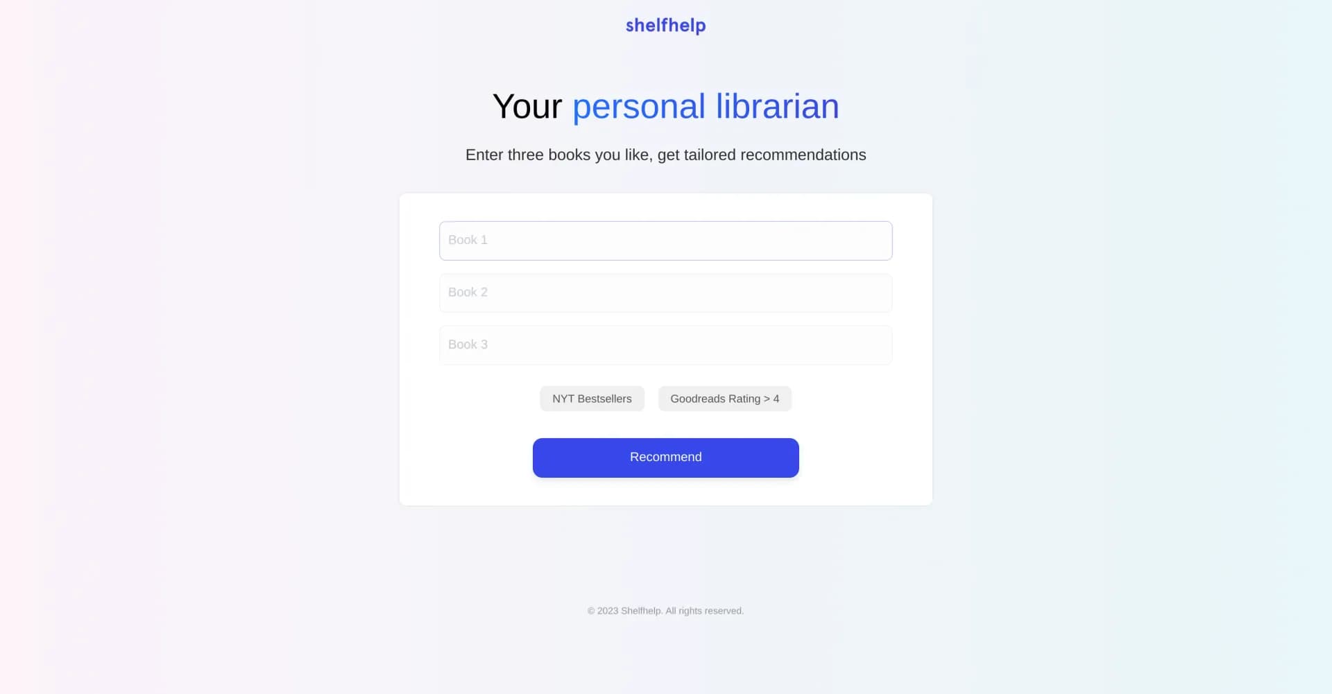 Shelfhelp homepage screenshot — Your personal librarian for tailored book recommendations