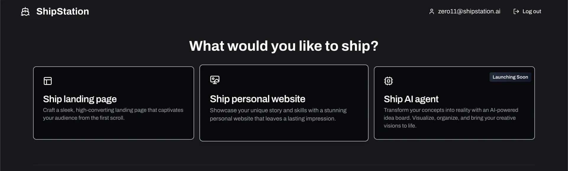 ShipStation homepage screenshot — AI-powered website creation made easy.