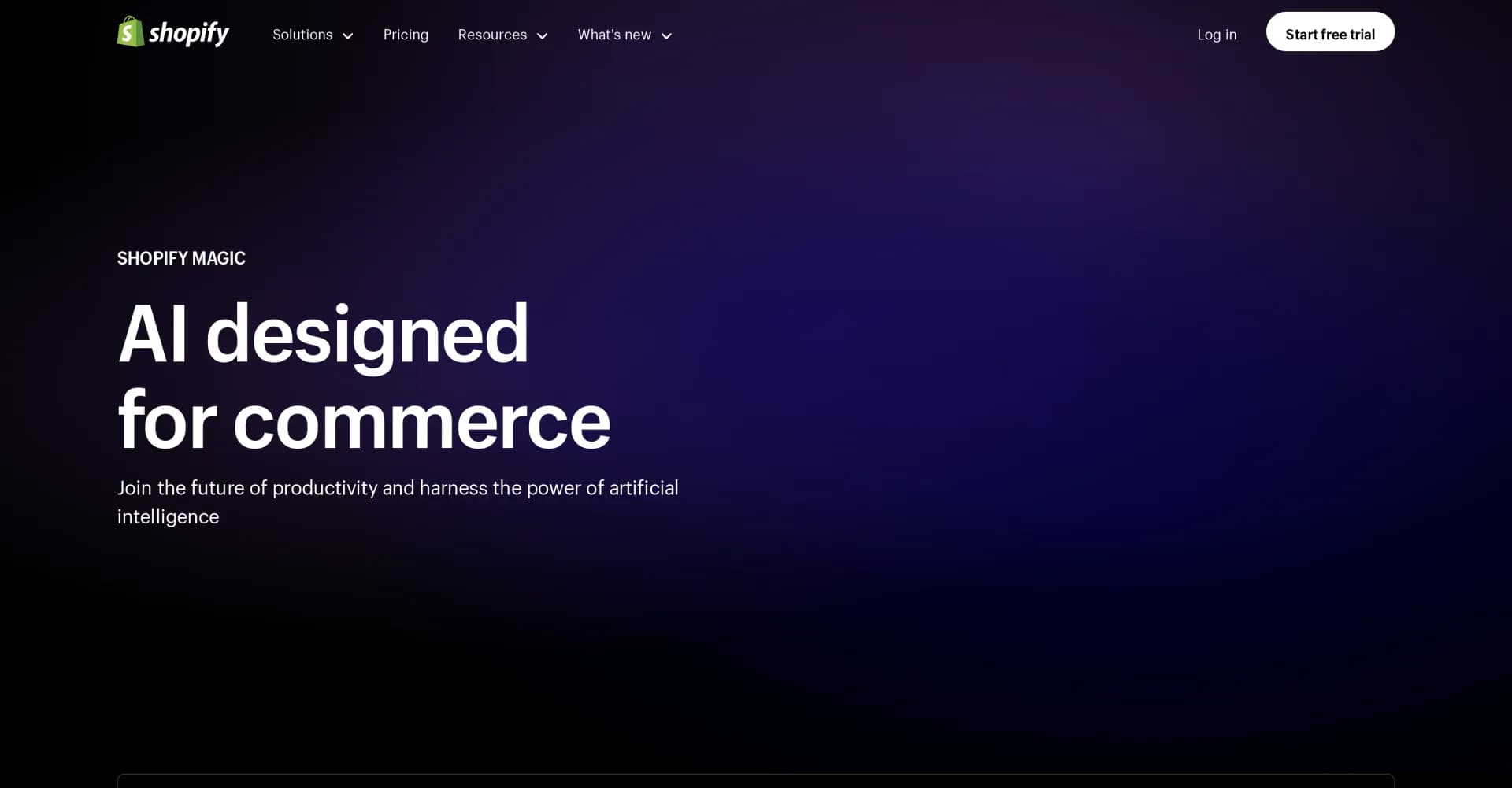 Shopify Magic homepage screenshot — Boost your business with AI-powered commerce tools