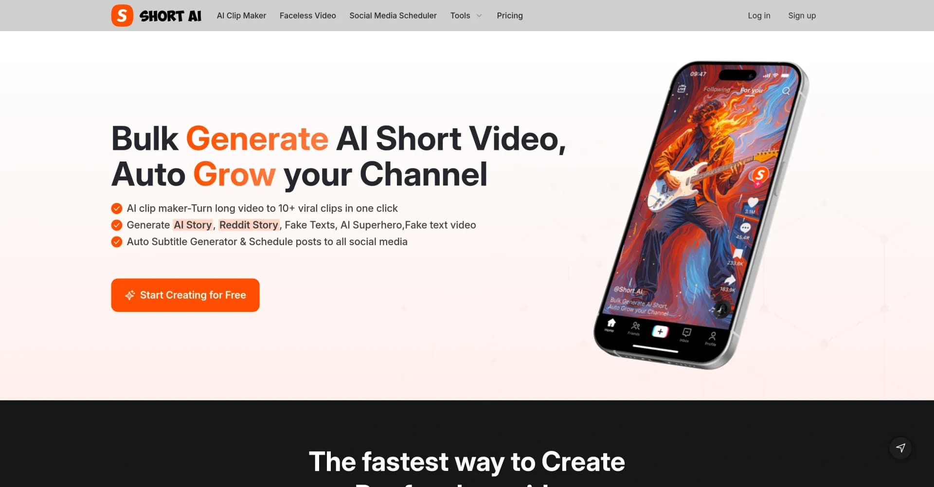 Short AI homepage screenshot — Create viral faceless videos effortlessly