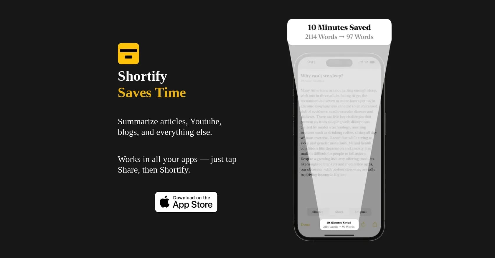 Shortify homepage screenshot — Summarize anything, anywhere.