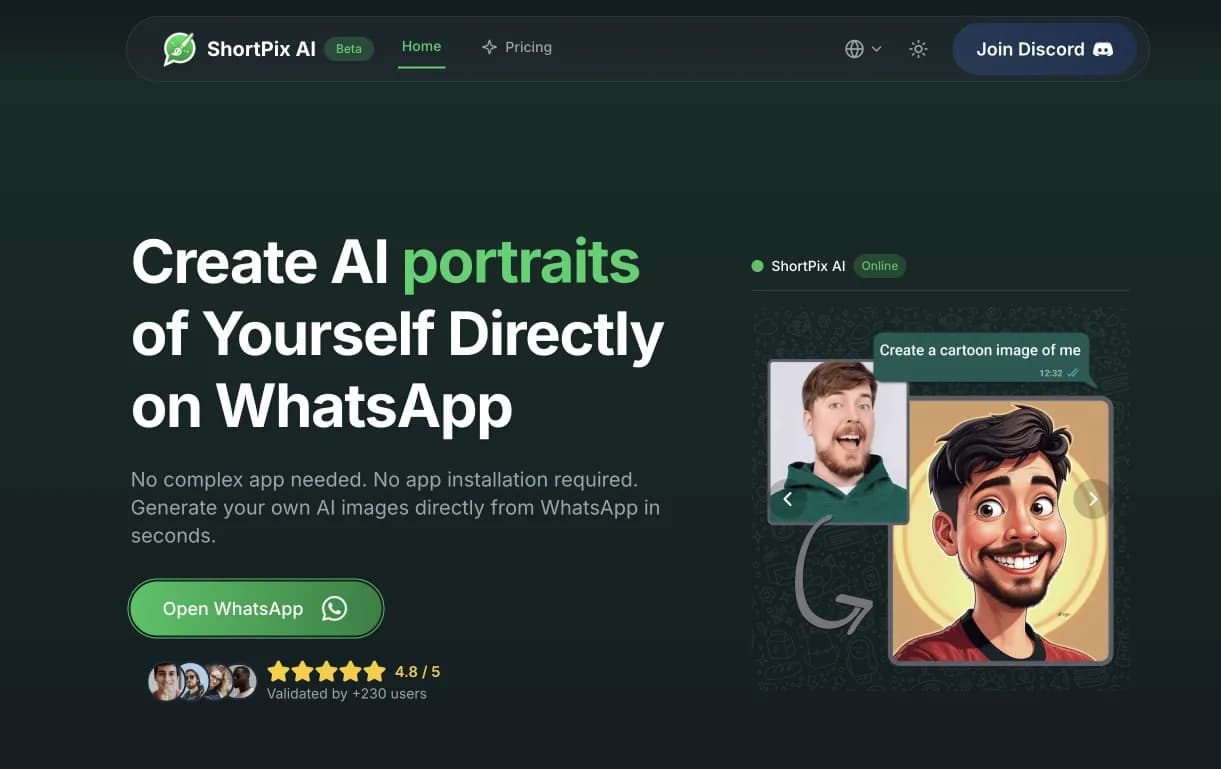 ShortPix AI: Your WhatsApp AI Artist homepage screenshot — Generate AI photos of yourself on WhatsApp instantly.