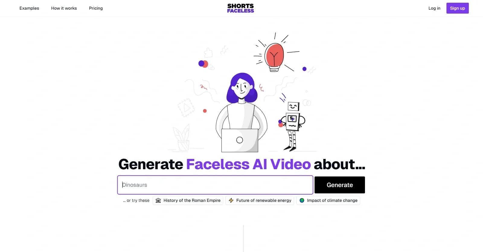 Shorts Faceless homepage screenshot — Automate your short video production with AI and instantly p