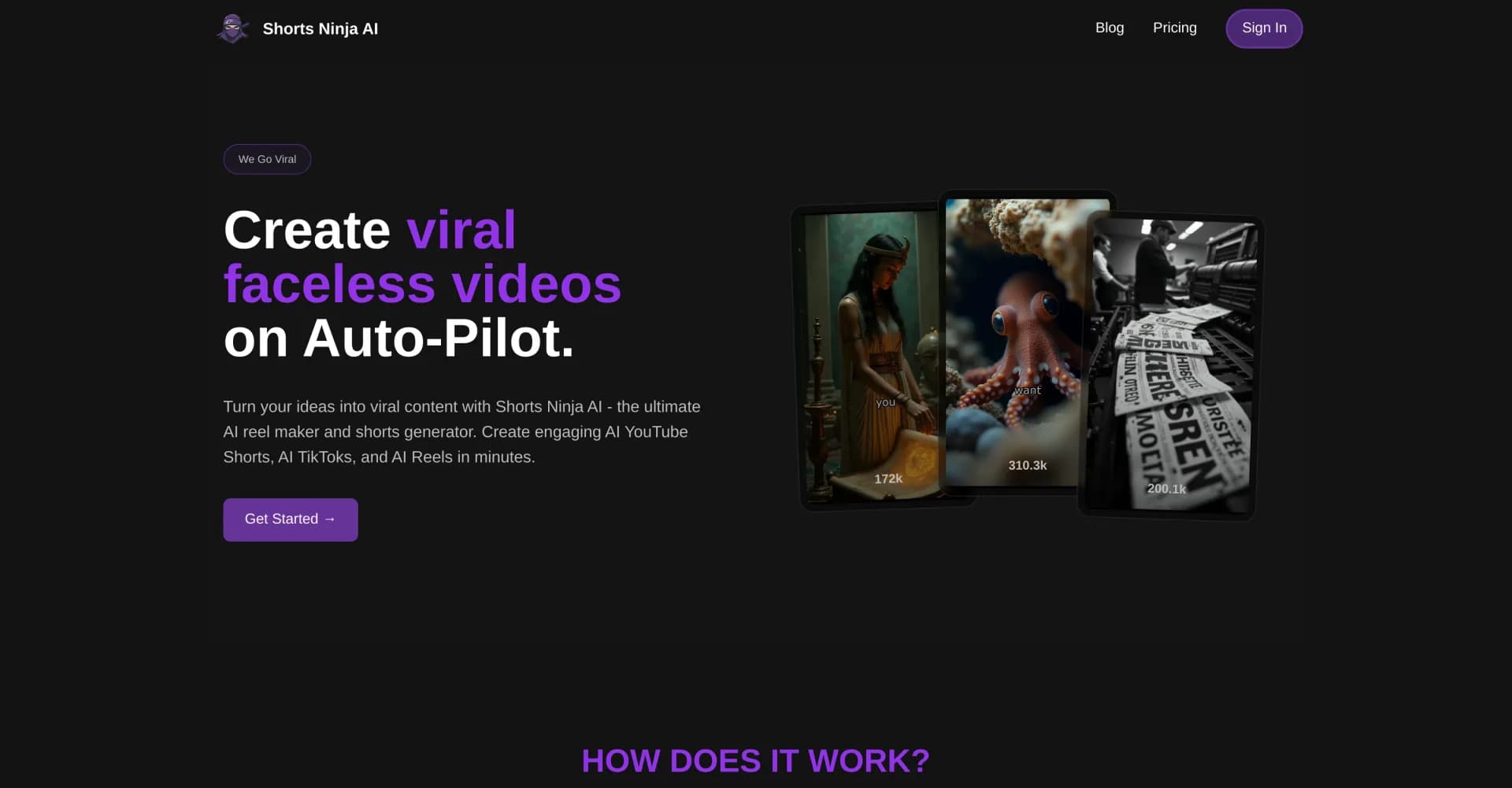 Faceless Ninja AI homepage screenshot — Create viral faceless videos on autopilot