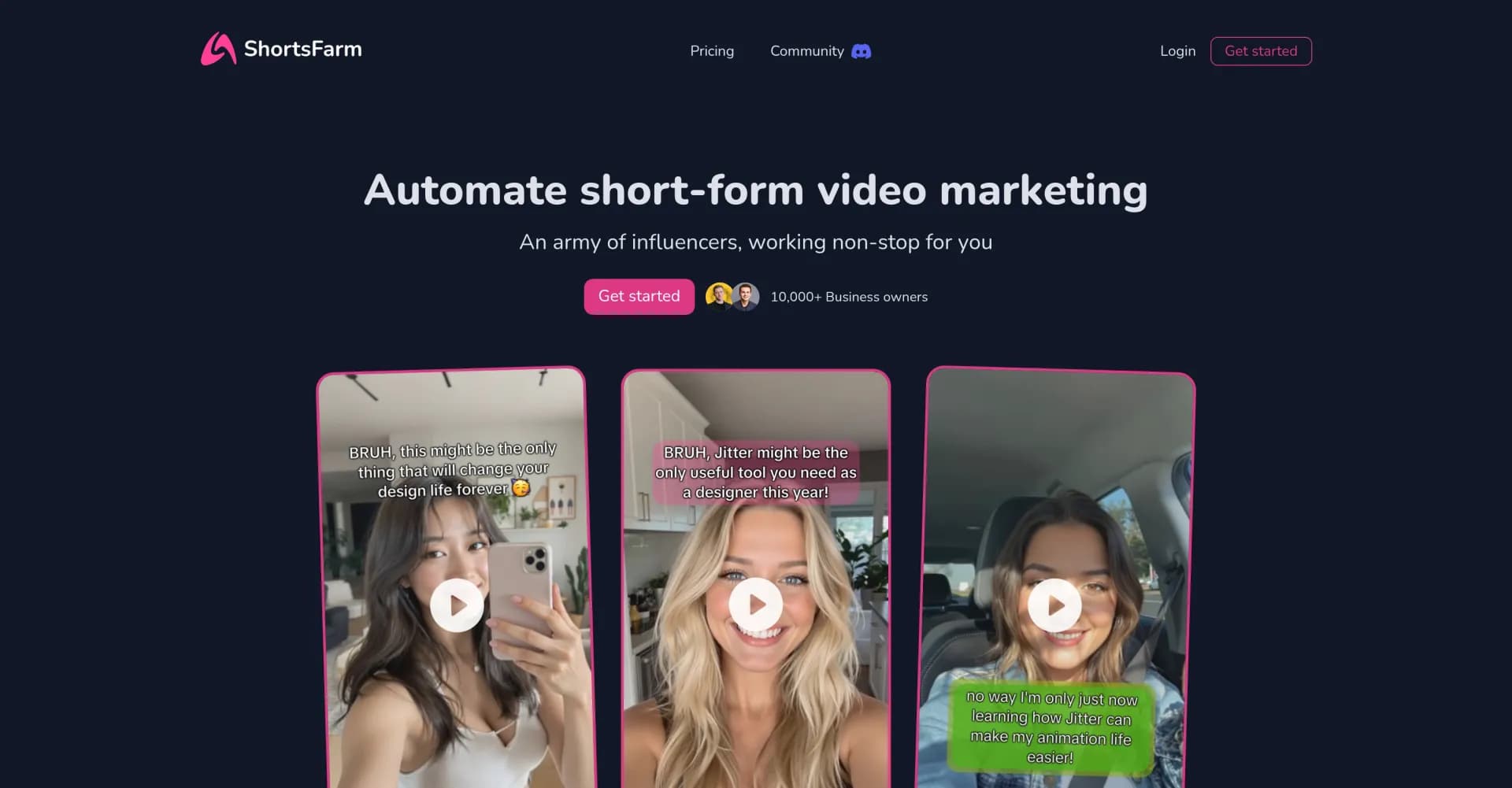 ShortsFarm homepage screenshot — Automate short-form video marketing with AI influencers