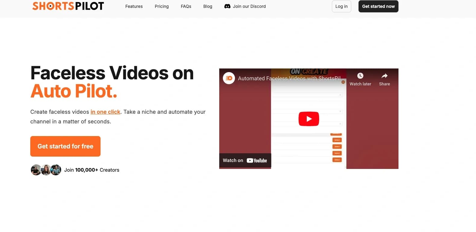 Shortspilot AI homepage screenshot — Create faceless videos automatically for social media.