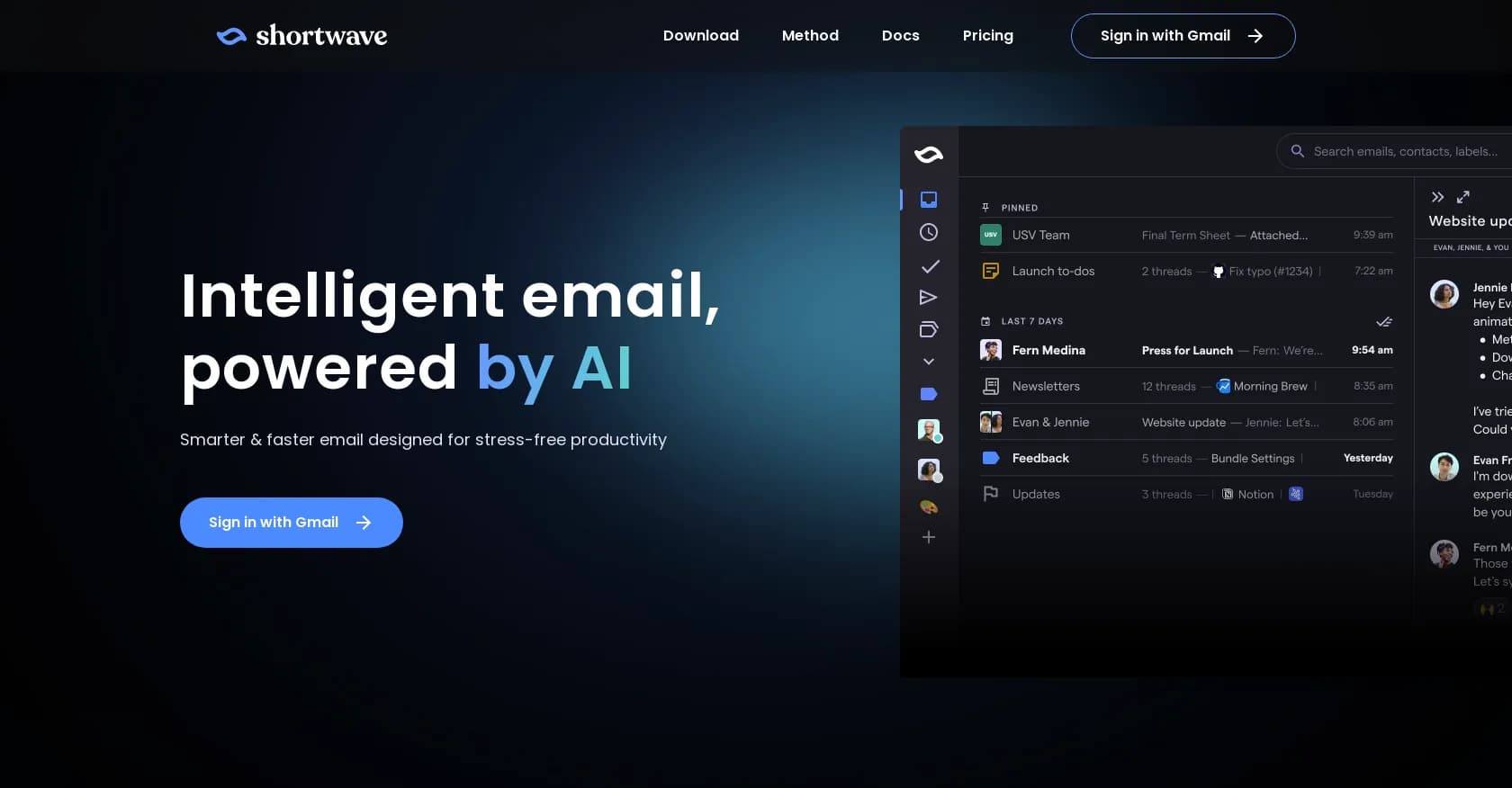 Shortwave homepage screenshot — Intelligent email management and productivity.