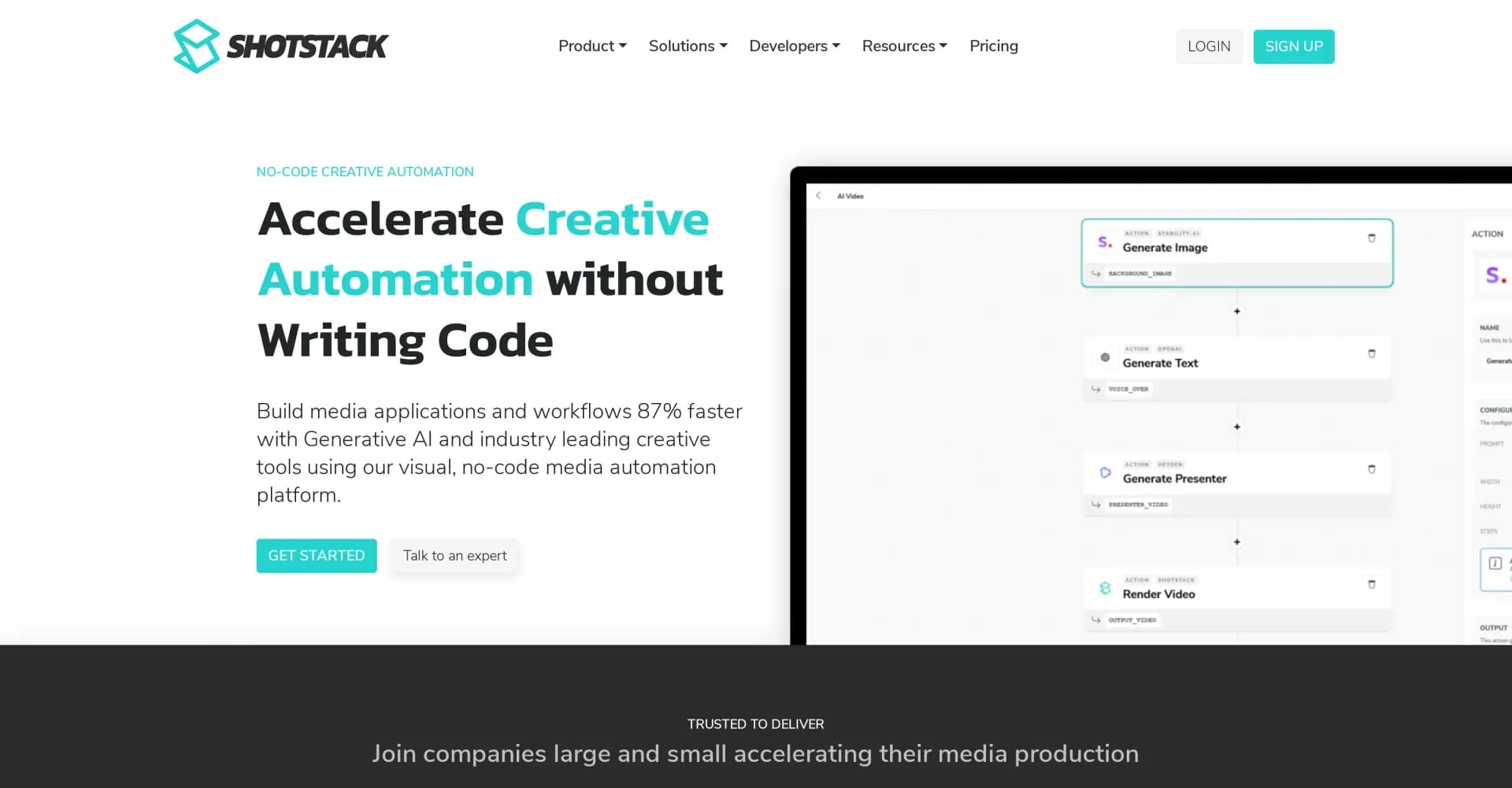 Shotstack Workflows homepage screenshot — Create AI-powered videos with no-code automation.