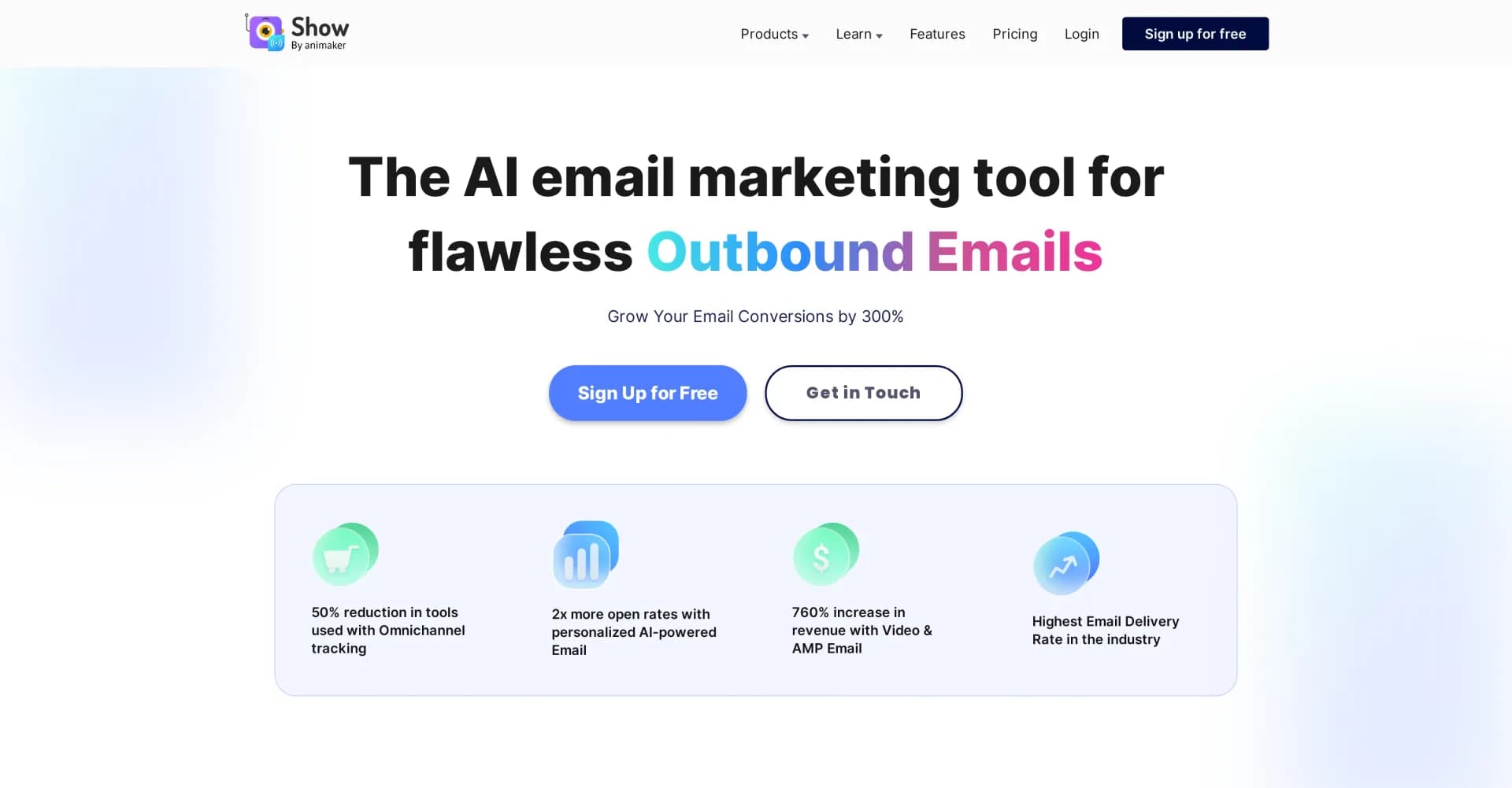 Show by Animaker homepage screenshot — AI-powered email marketing for higher conversions