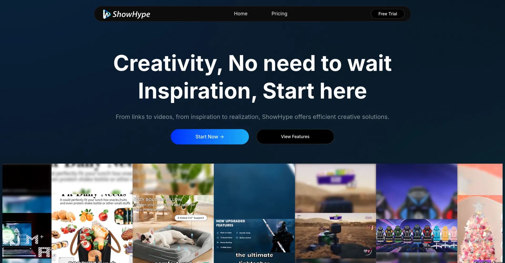 ShowHype homepage screenshot — AI-powered video creation from links and images