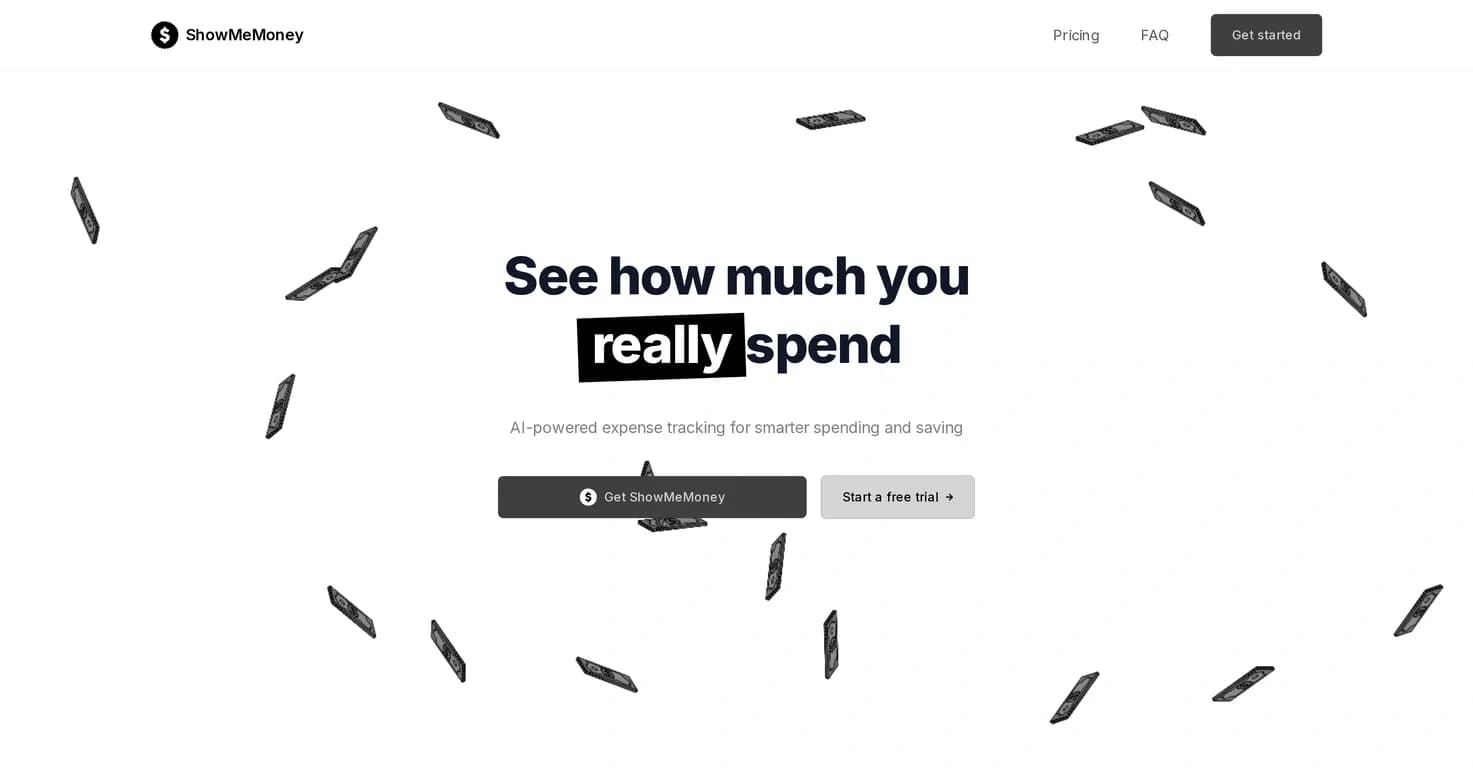 ShowMeMoney homepage screenshot — AI-powered expense tracking for smarter spending