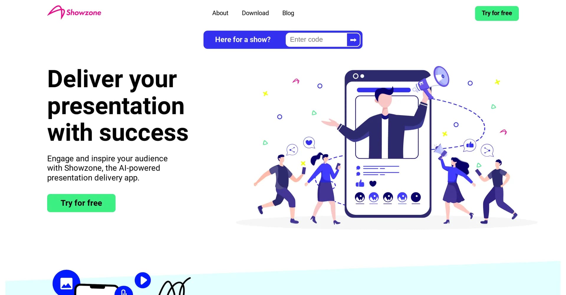Showzone homepage screenshot — AI-powered presentation delivery for engaging audiences.