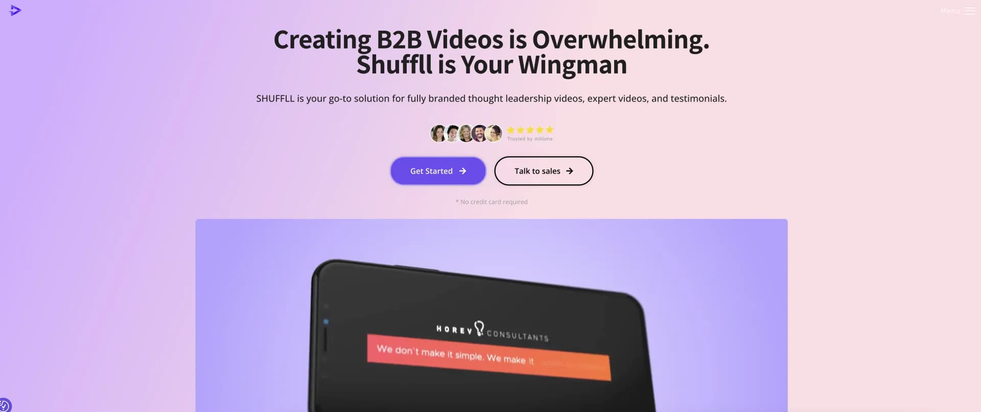 SHUFFLL homepage screenshot — AI-powered video creation for brand storytelling.