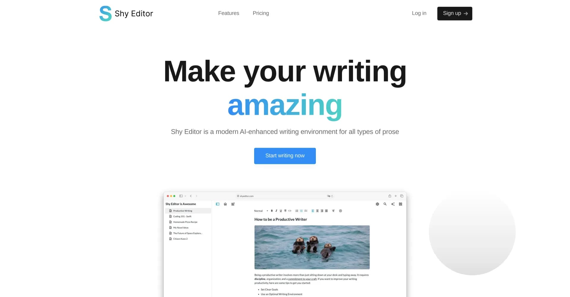 Shy Editor homepage screenshot — Intelligent writing tool for all types of text.