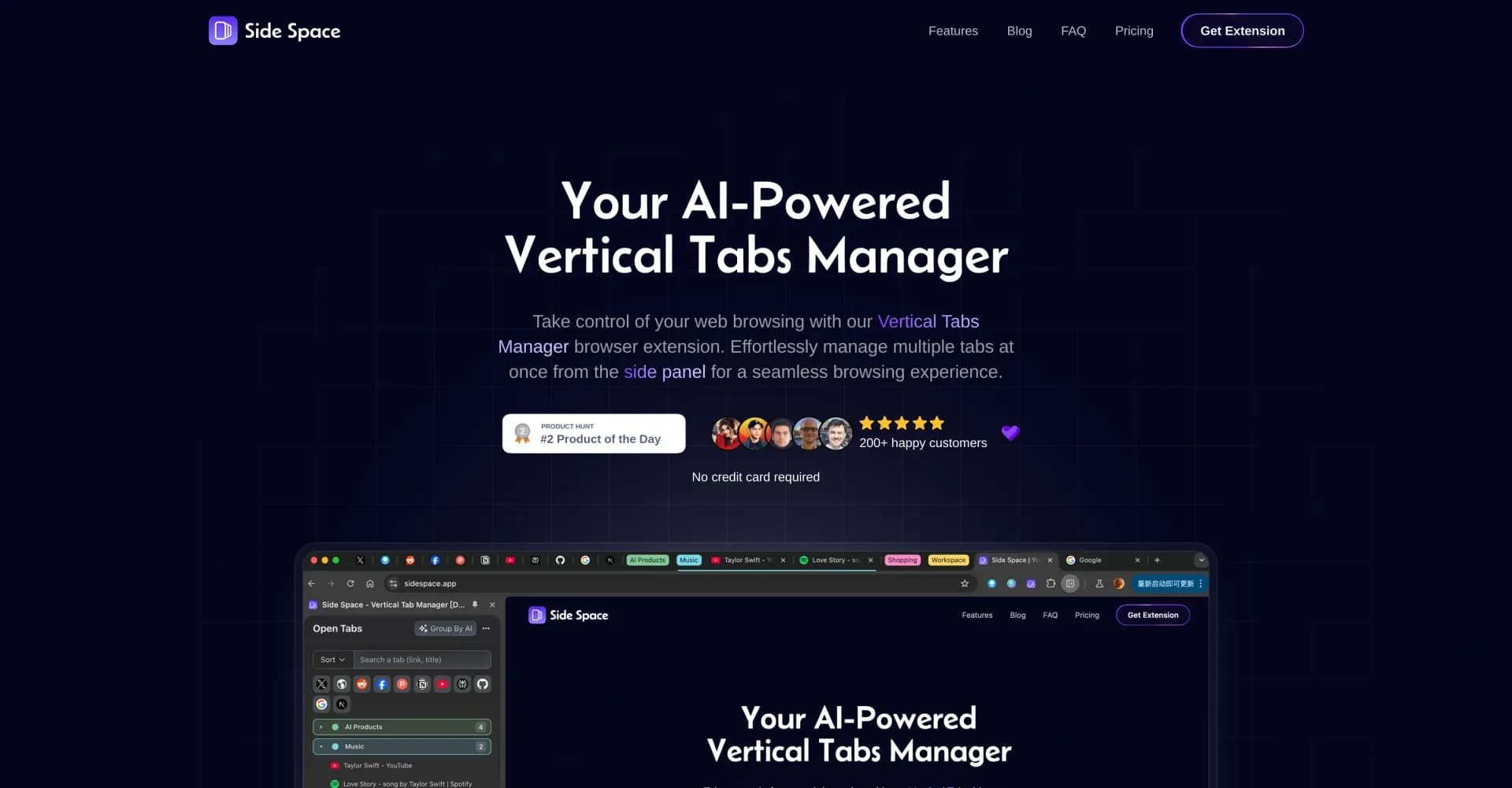 Side Space homepage screenshot — AI-powered vertical tabs for smarter browsing