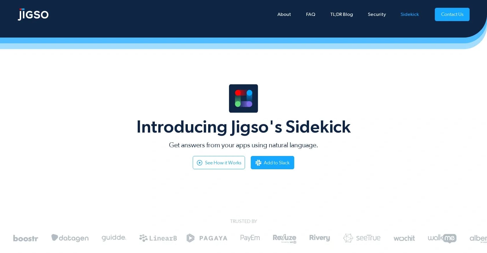 Sidekick by Jigso homepage screenshot — Chatbot answering app queries using natural language.