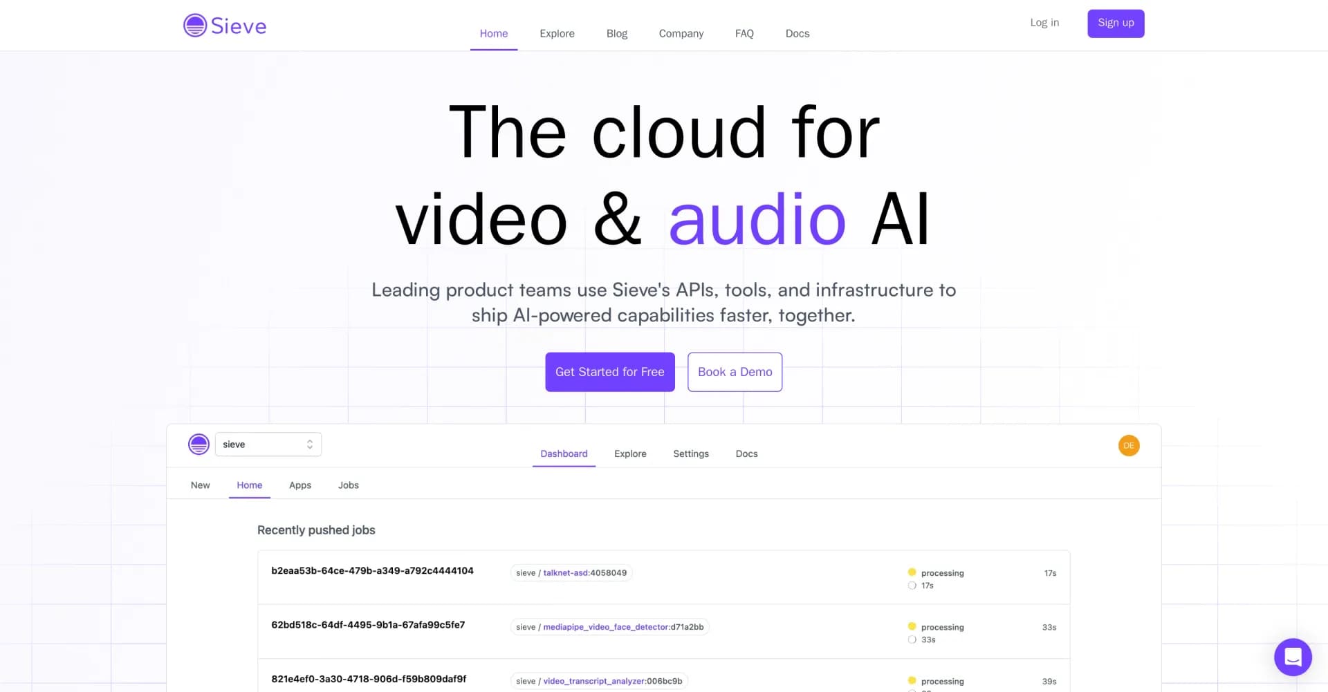 Sieve homepage screenshot — Empower teams to build AI-powered video and audio apps faste