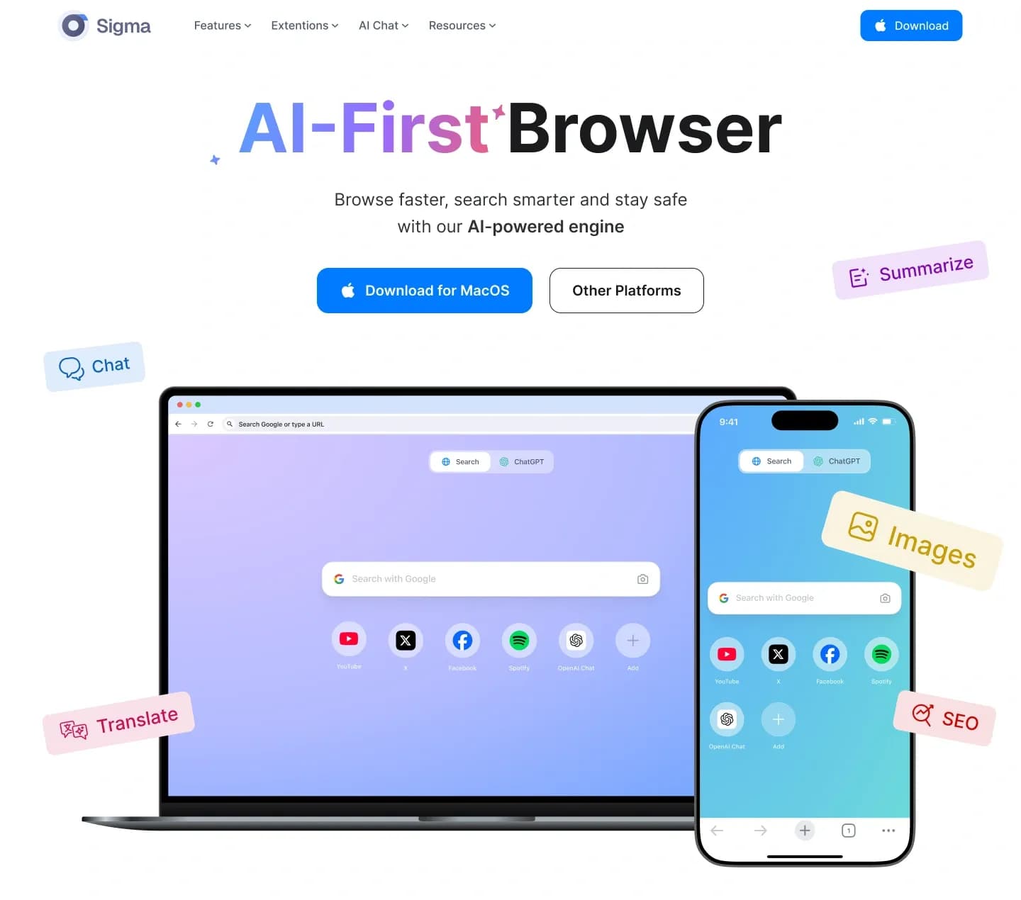 Sigma AI Browser homepage screenshot — Change the way you browse with AI-powered features