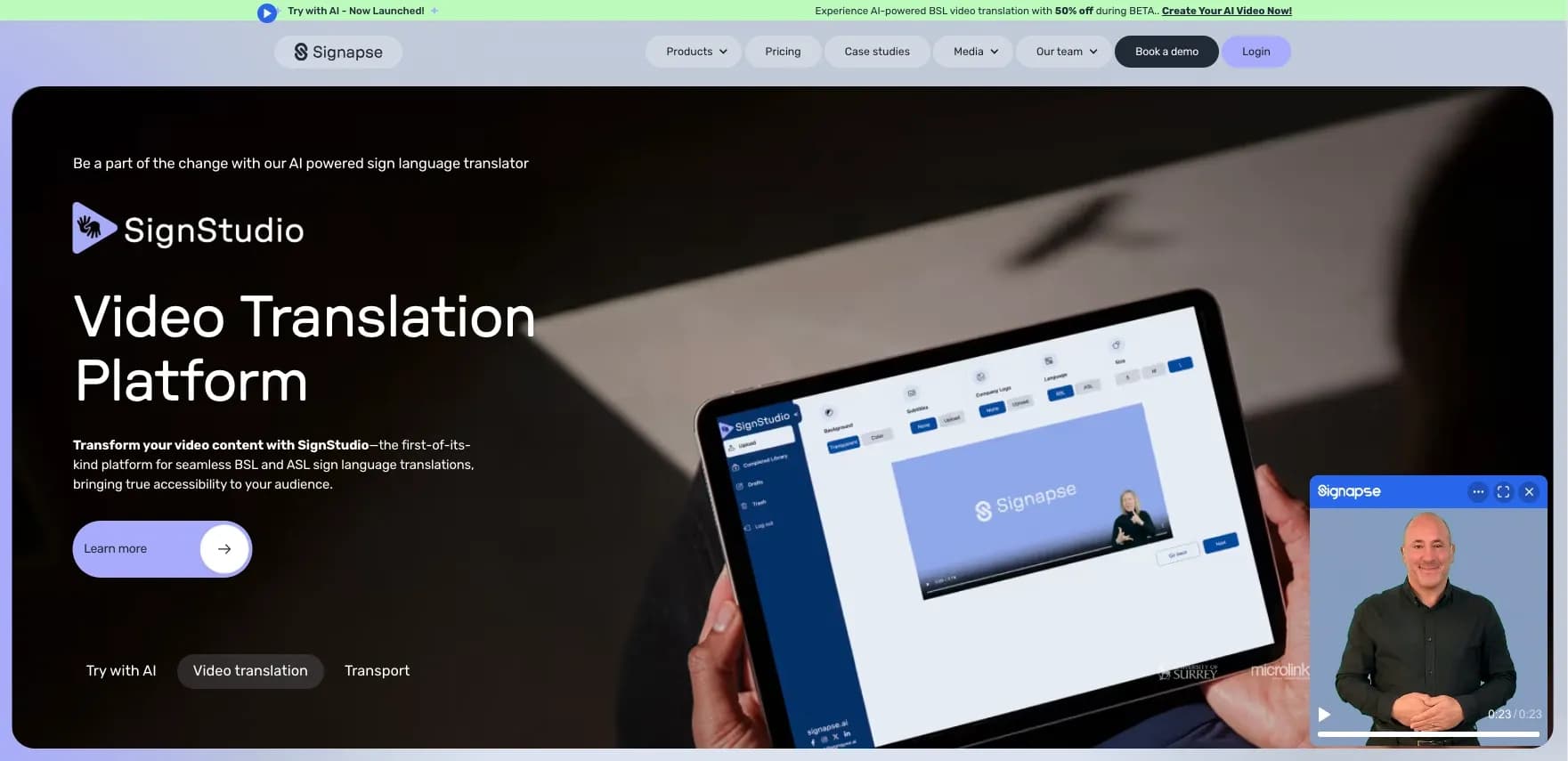 Signapse homepage screenshot — Breaking barriers with AI sign language translation.