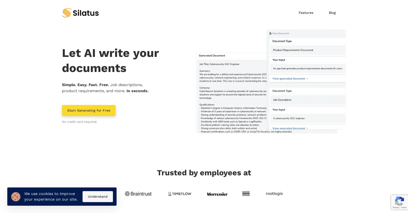 Silatus homepage screenshot — AI writes detailed documents in seconds.