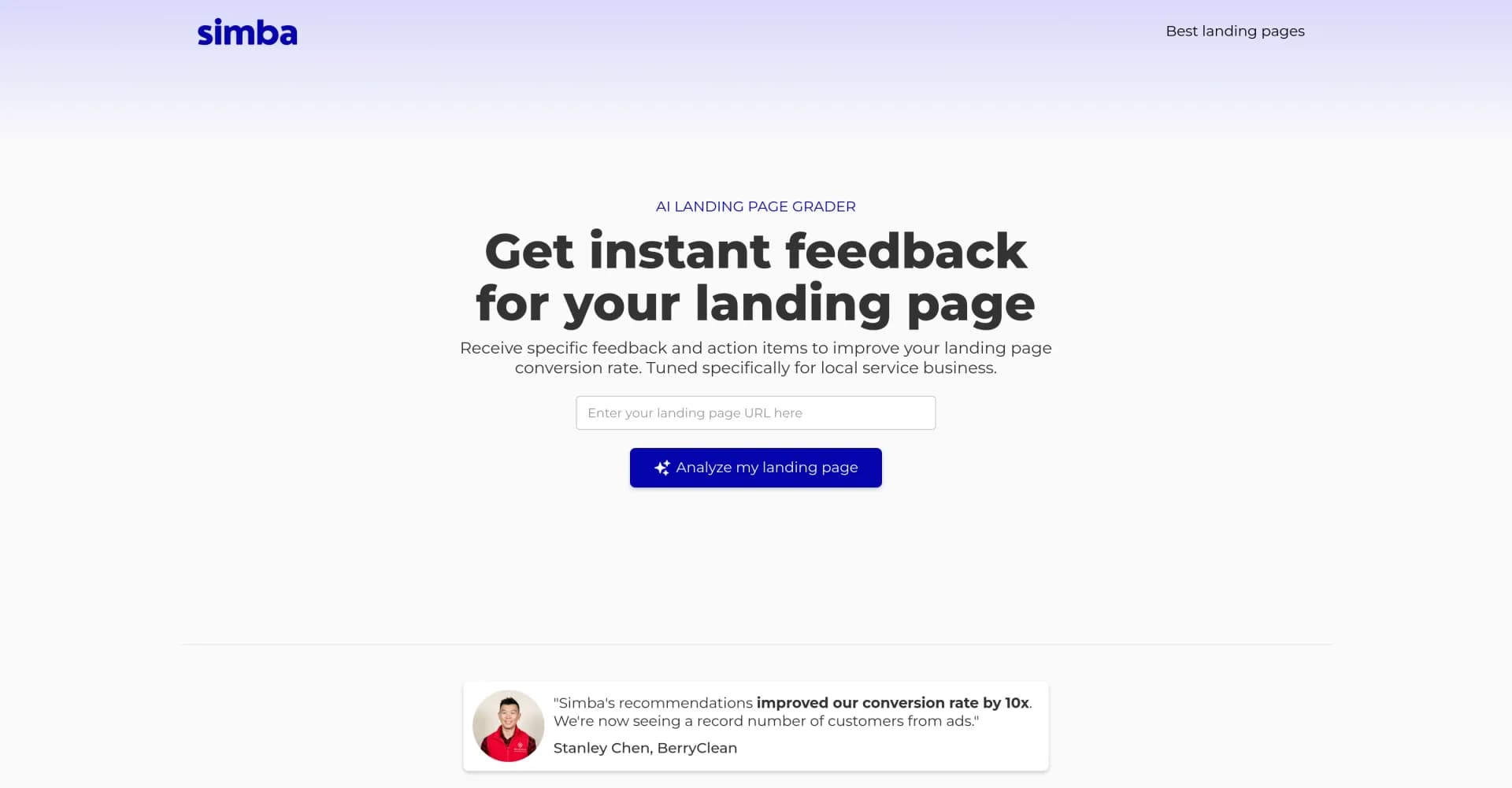 Simba homepage screenshot — AI landing page advisor for local service businesses