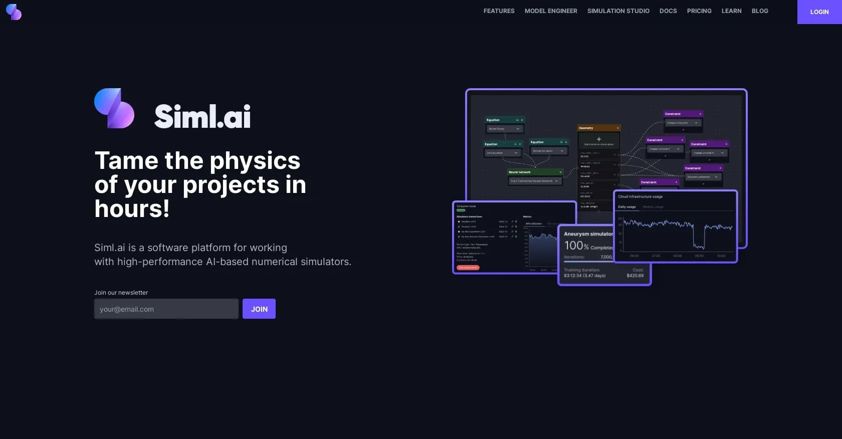 Siml.ai homepage screenshot — Tame the physics of your projects with AI simulations.