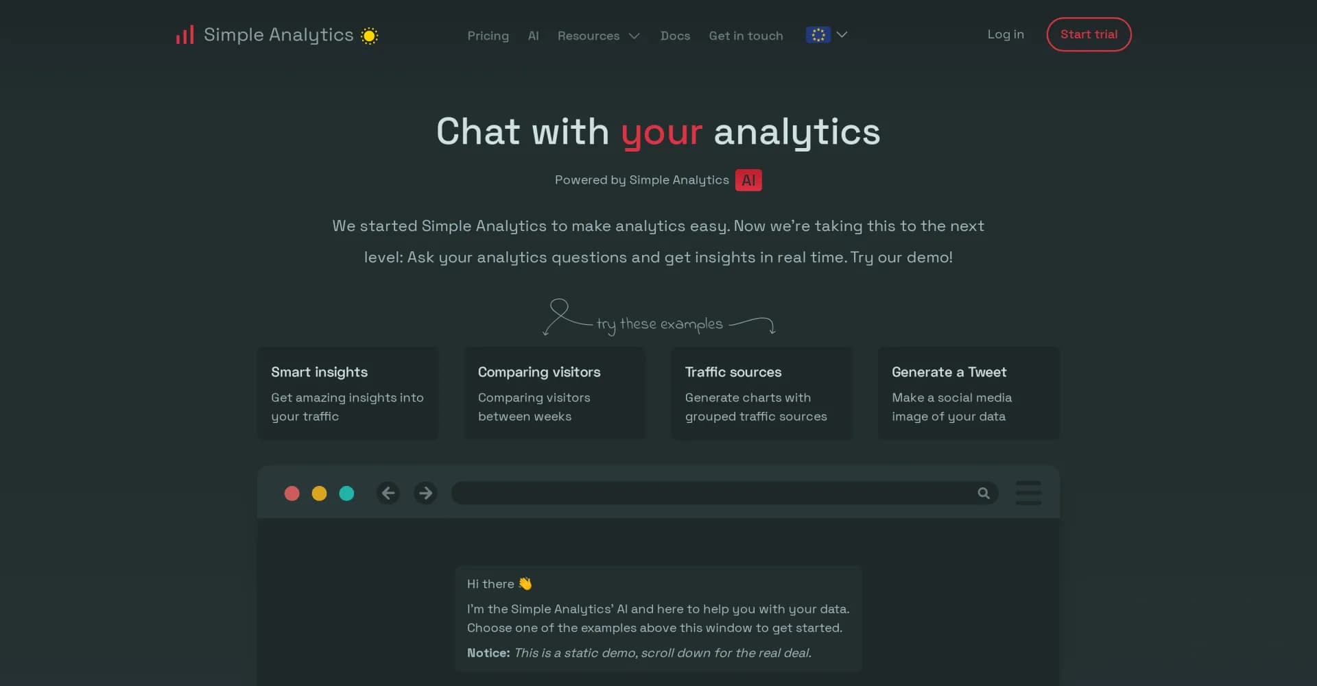 Simple Analytics AI homepage screenshot — Chat with your analytics data for instant insights.