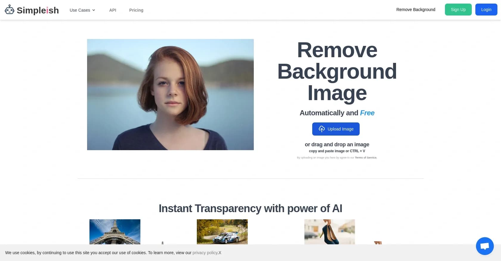 Simpleish homepage screenshot — Remove backgrounds instantly with AI-powered precision.