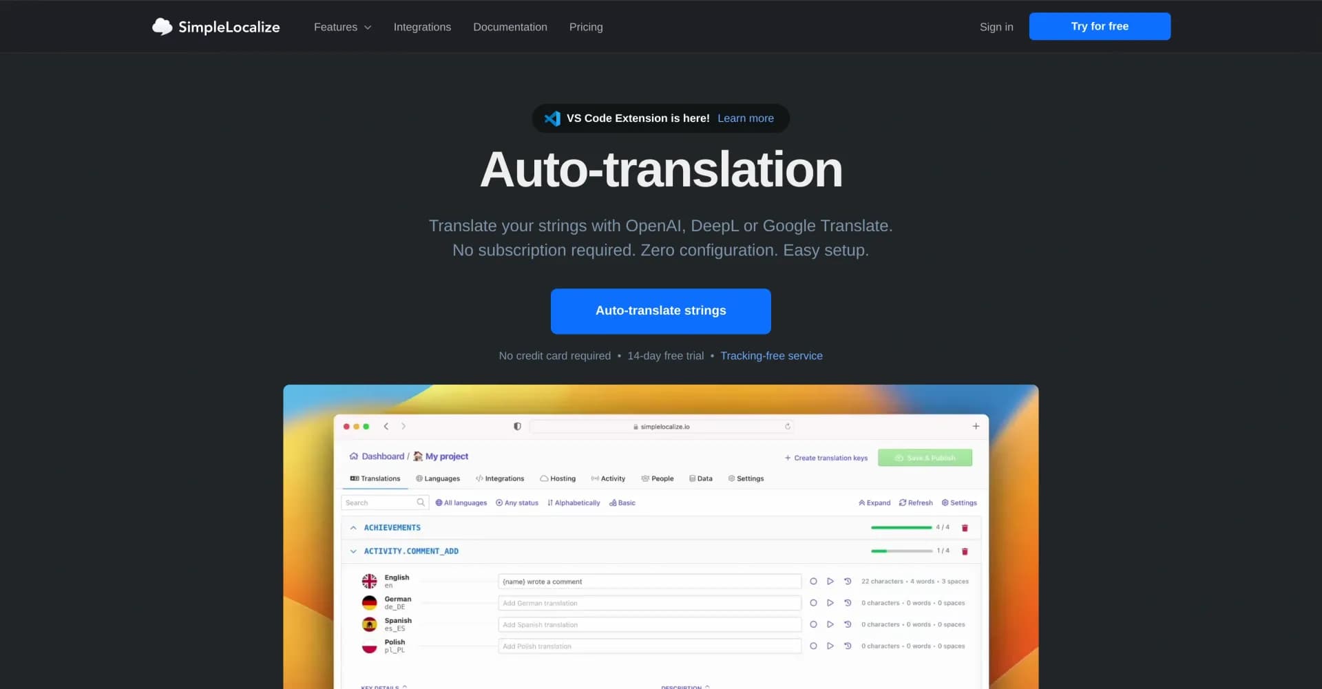 SimpleLocalize homepage screenshot — AI-powered auto-translation for your app
