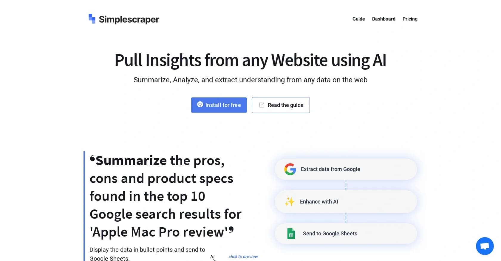 Simplescraper homepage screenshot — Pull insights from any website using AI