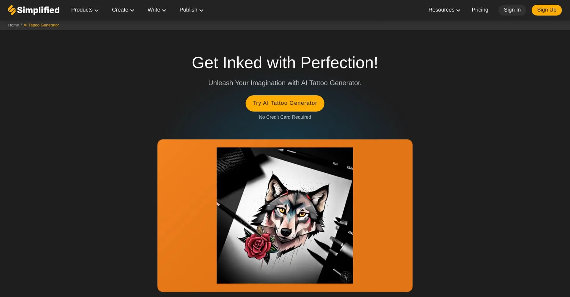 Simplified Tattoo Generator homepage screenshot — Create amazing tattoos in seconds with AI