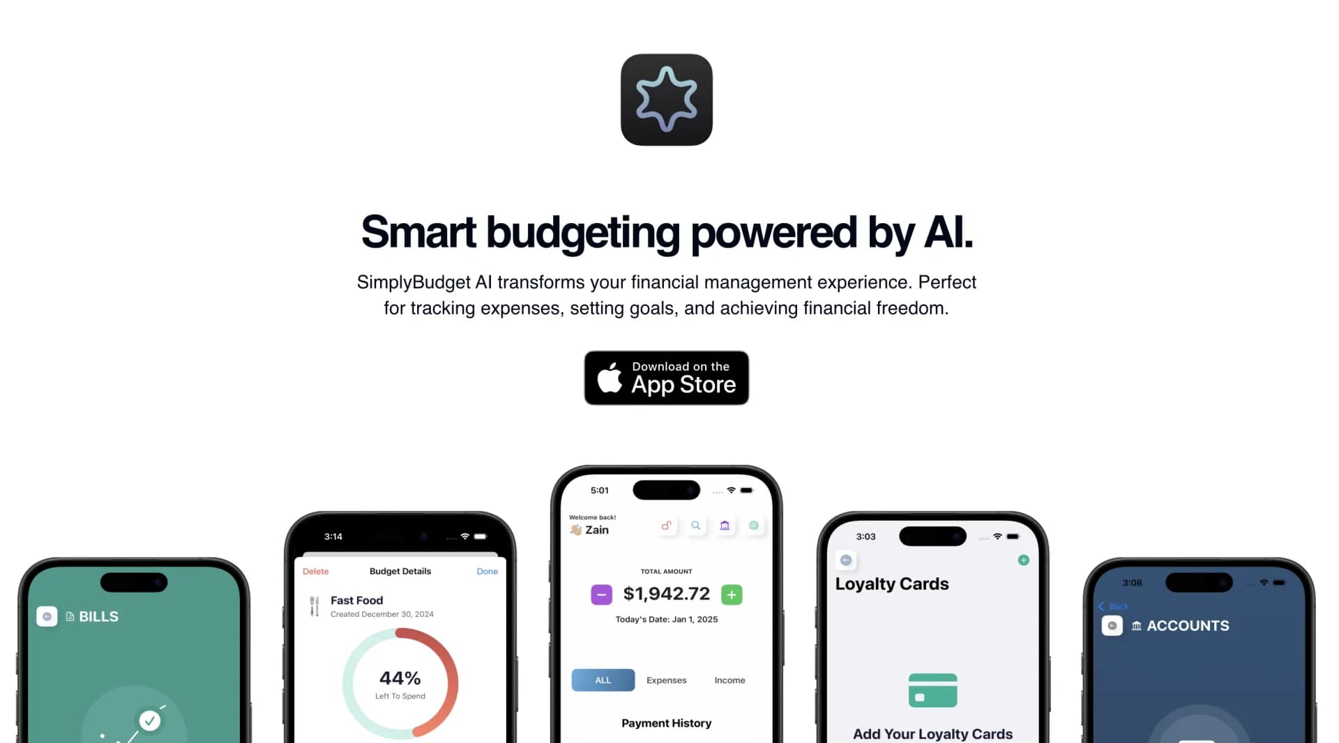 SimplyBudget AI homepage screenshot — AI-powered smart budgeting for financial freedom.