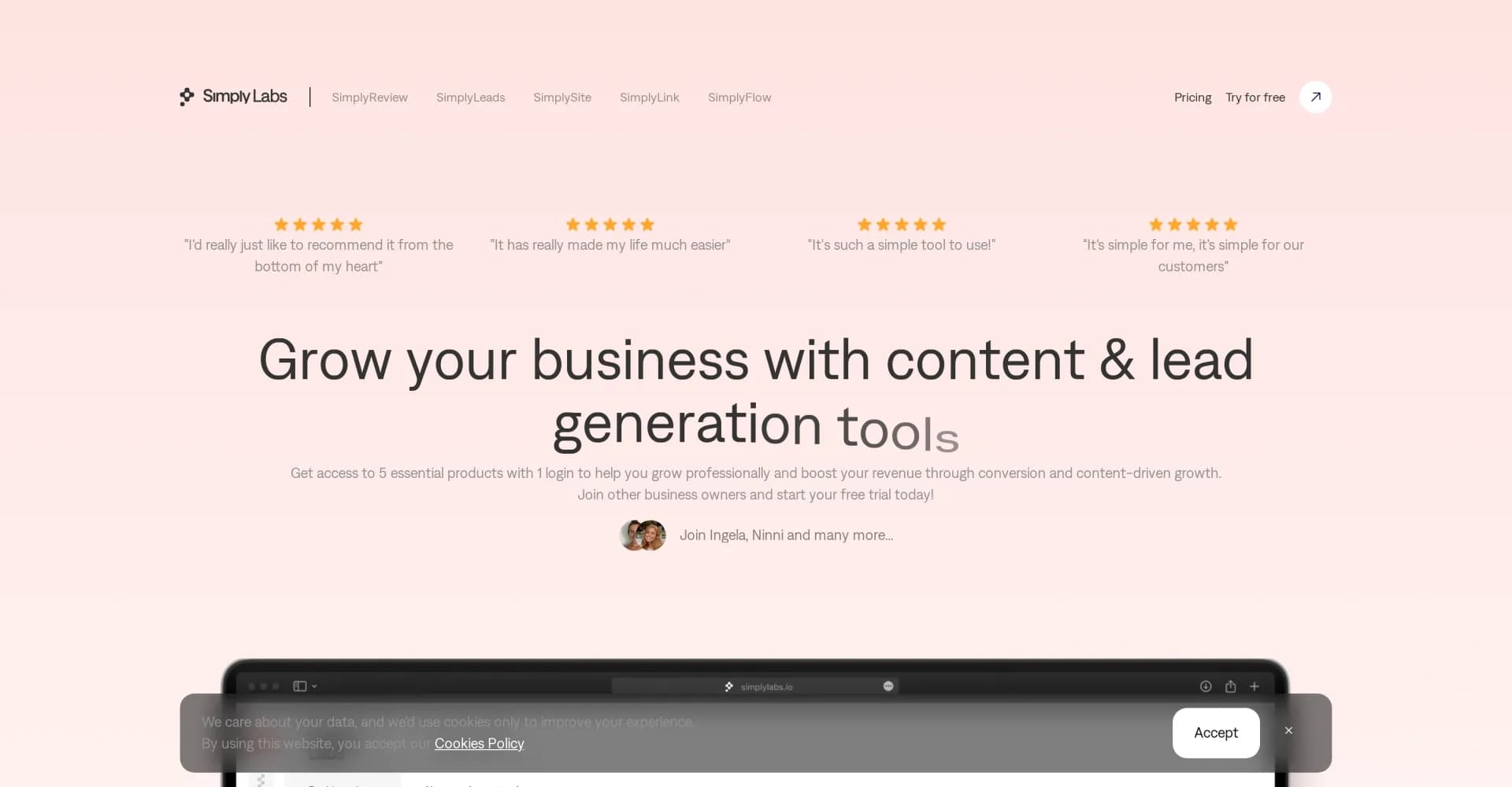 SimplyLabs homepage screenshot — Essential tools for content-driven business growth
